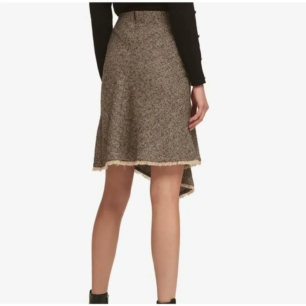 DKNY Asymmetric Hem Herringbone Skirt Knee Length Academia Size 12 Wool Blend